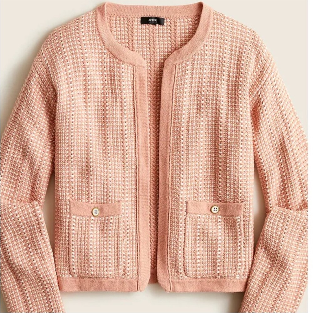 J Crew Open Front Cardigan Sweater Lady Jacket Pink Blush Cream Tweed XS NEW